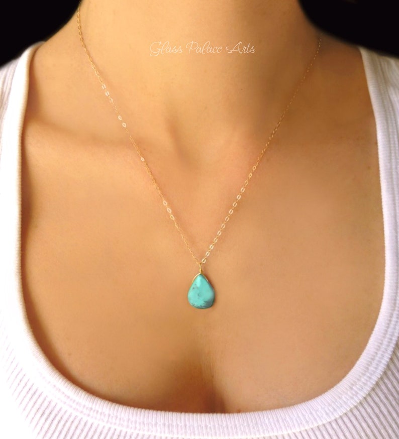 Turquoise Necklace For Women, Long Turquoise Necklace Sterling Silver, Gemstone Teardrop Pendant, Gift For Her, 14k Gold Fill, Rose Gold image 1