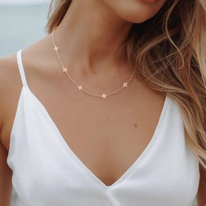 Small Light Pink Clover Choker Necklace: Handmade 14k Gold Dainty Adjustable Layering Necklace
