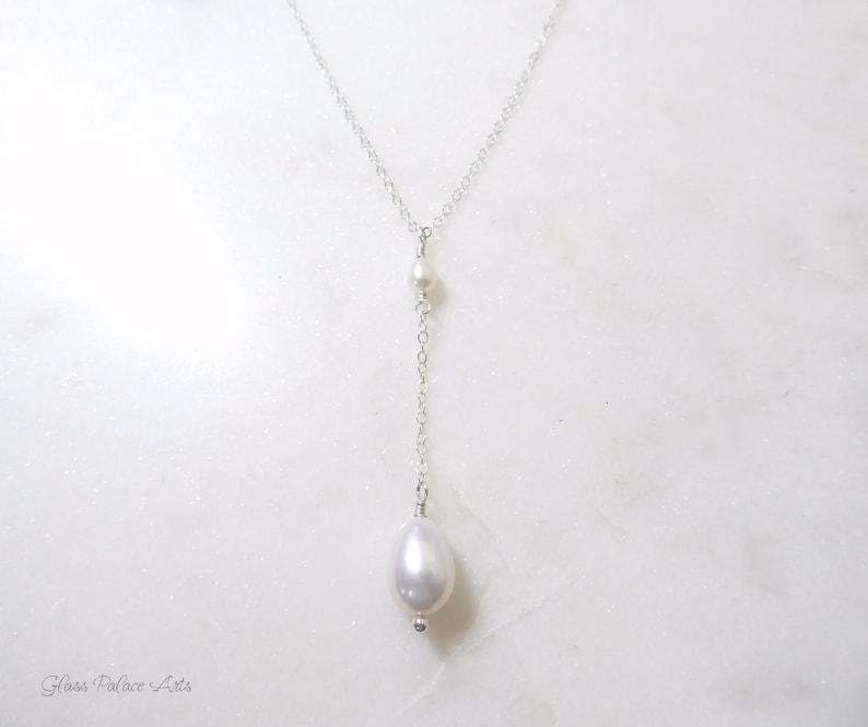 Freshwater Pearl Necklace For Women, Dainty Teardrop Pearl Y Necklace, Simple Bridal Lariat Silver, Bridesmaid Jewelry Gift For Her image 7