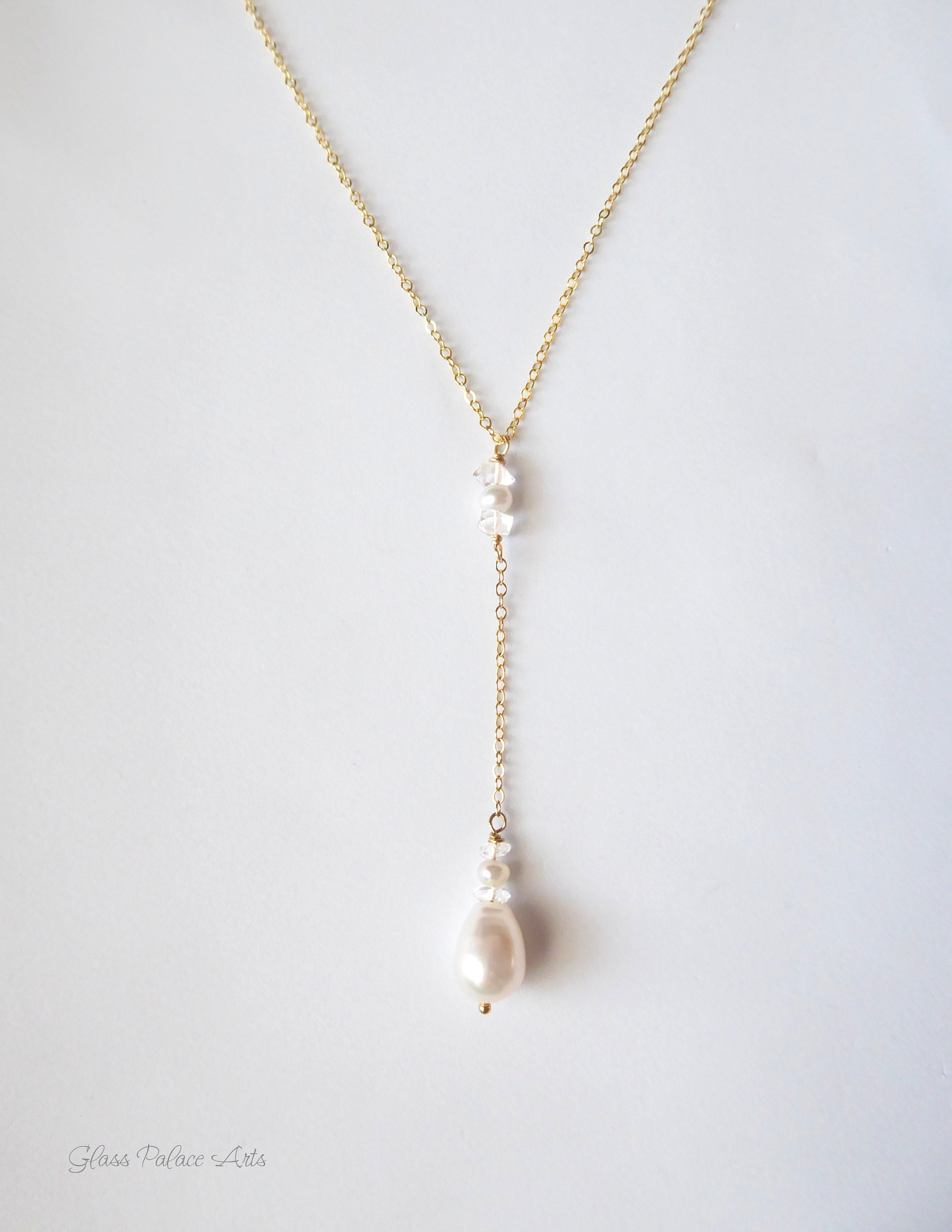 Herkimer Diamond Pearl Lariat Necklace: Gold Filled Bridal