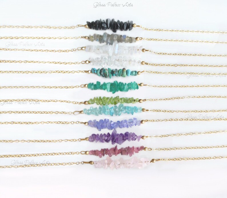 Raw Gemstone Necklace for Women, Beaded Gemstone Bar Birthstone Necklace Rose Gold, Sterling Silver, Opal, Amethyst, Rose Quartz, Tanzanite