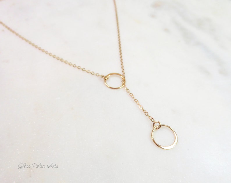 Infinity Lariat Necklace For Women, Double Circle Necklace Sterling Silver, Small Dainty Minimalist Circle Y Drop Jewelry Gift, Rose Gold image 6