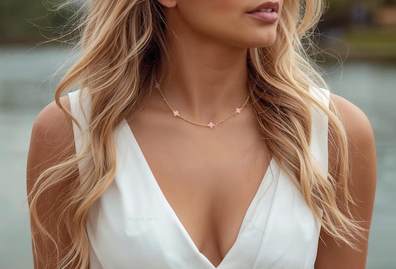Small Pink Clover Choker Necklace: Handmade 14k Gold Dainty Adjustable Layering Necklace