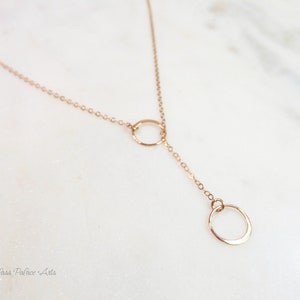 Infinity Lariat Necklace For Women, Double Circle Necklace Sterling Silver, Small Dainty Minimalist Circle Y Drop Jewelry Gift, Rose Gold image 10