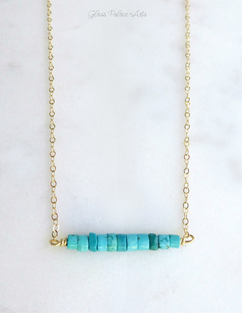 Turquoise Bar Necklace Sterling Silver Dainty Turquoise Bead Etsy