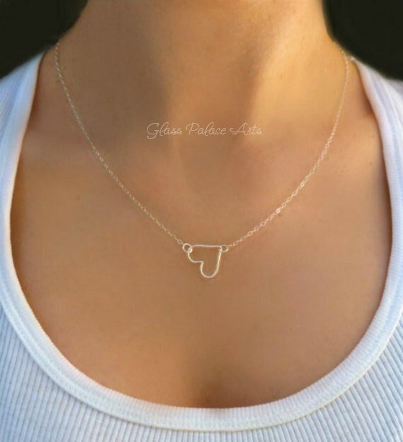 Heart Necklace Sterling Silver, Small Sideways Floating Heart Pendant, Dainty Minimalist Necklace, Jewelry Gift For Women, Bridesmaid Gift image 1