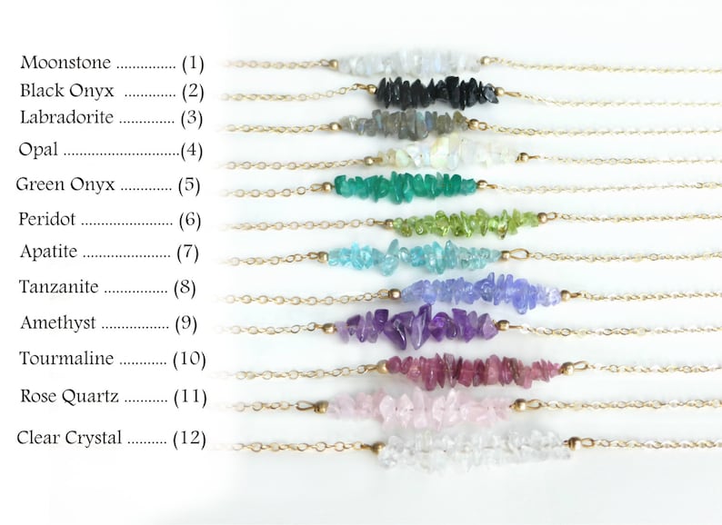 Raw Gemstone Necklace for Women, Beaded Gemstone Bar Birthstone Necklace Rose Gold, Sterling Silver, Opal, Amethyst, Rose Quartz, Tanzanite