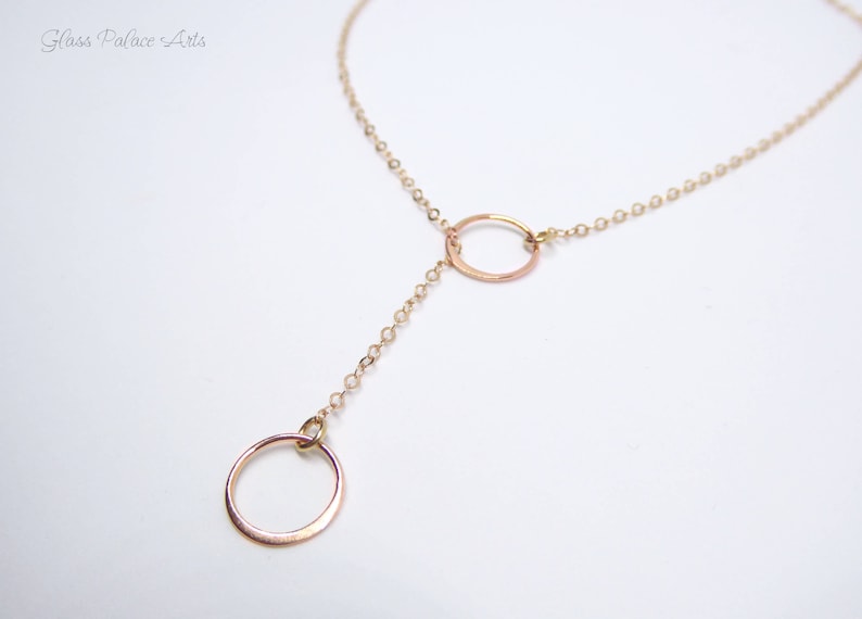 Infinity Lariat Necklace For Women, Double Circle Necklace Sterling Silver, Small Dainty Minimalist Circle Y Drop Jewelry Gift, Rose Gold image 7