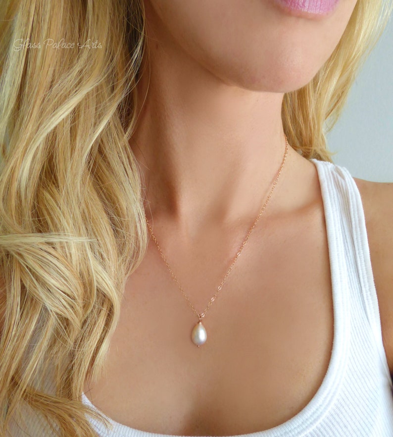 Pearl Teardrop Necklace Rose Gold, Single Pearl Necklace Pendant, Simple Freshwater Pearl Bridal Necklace, Bridesmaid Jewelry Gift Rose gold