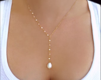 Pearl Lariat Necklace Teardrop, Dainty Bridal Pearl Necklace Wedding, Long Pearl Necklace Pendant Gold, Bridesmaid Jewelry Gift Minimalist