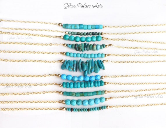 Dainty Turquoise Necklace With Horizontal Bar: 14k Gold, Sterling Silver Beaded Jewelry