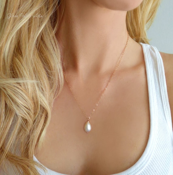 Single Pearl Pendant Necklace / 14k Rose Gold Filled / Ivory White