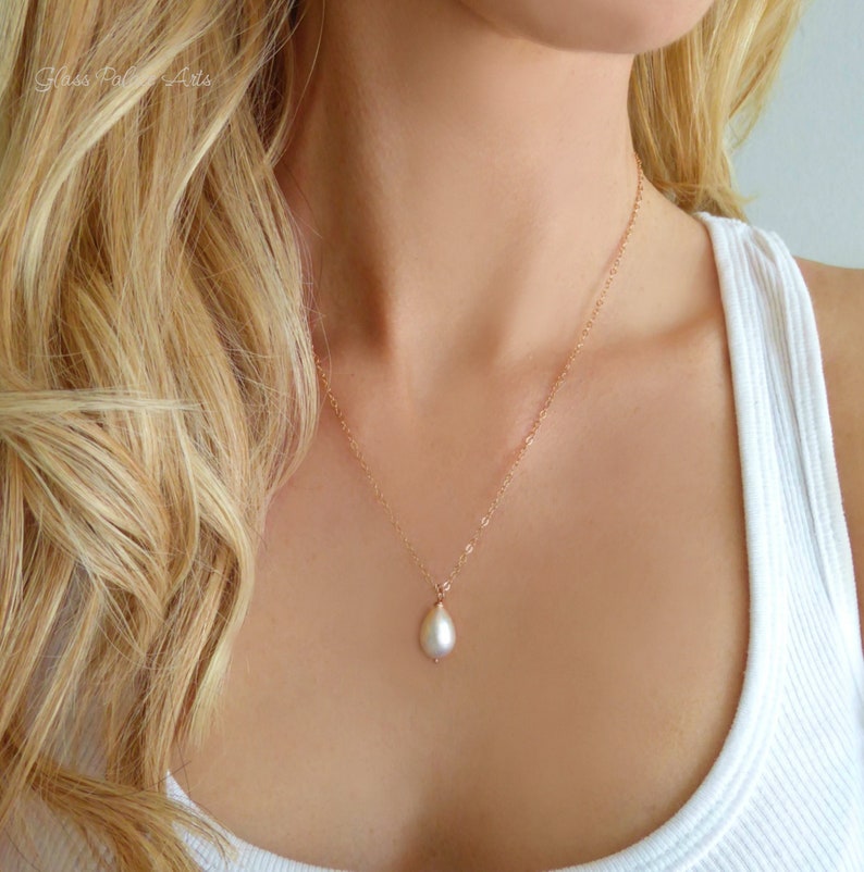 Pearl Teardrop Necklace Rose Gold, Single Pearl Necklace Pendant, Simple Freshwater Pearl Bridal Necklace, Bridesmaid Jewelry Gift image 1