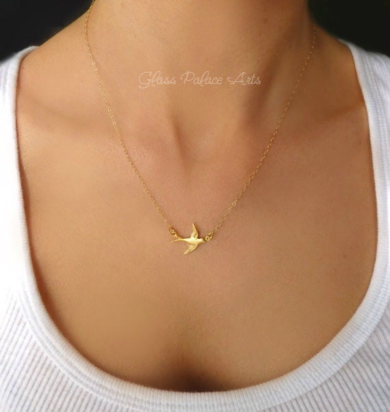 Rose Gold Vintage Swallow Bird Necklace with Diamonds