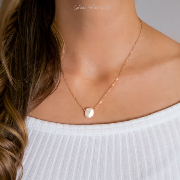 Small Baroque Pearl Necklace For Women, Dainty Keshi Freshwater Pearl Necklace Pendant - Sterling Silver, Rose Gold or 14k Gold Fill