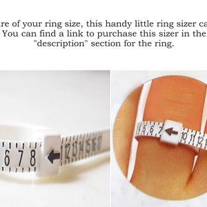 May include: White plastic ring sizer with numbers 4 to 15. The sizer is shown on a finger, with the arrow pointing to size 7.