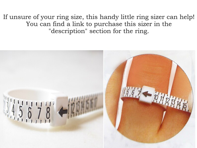May include: White plastic ring sizer with numbers 4 to 15. The sizer is shown on a finger, with the arrow pointing to size 7.