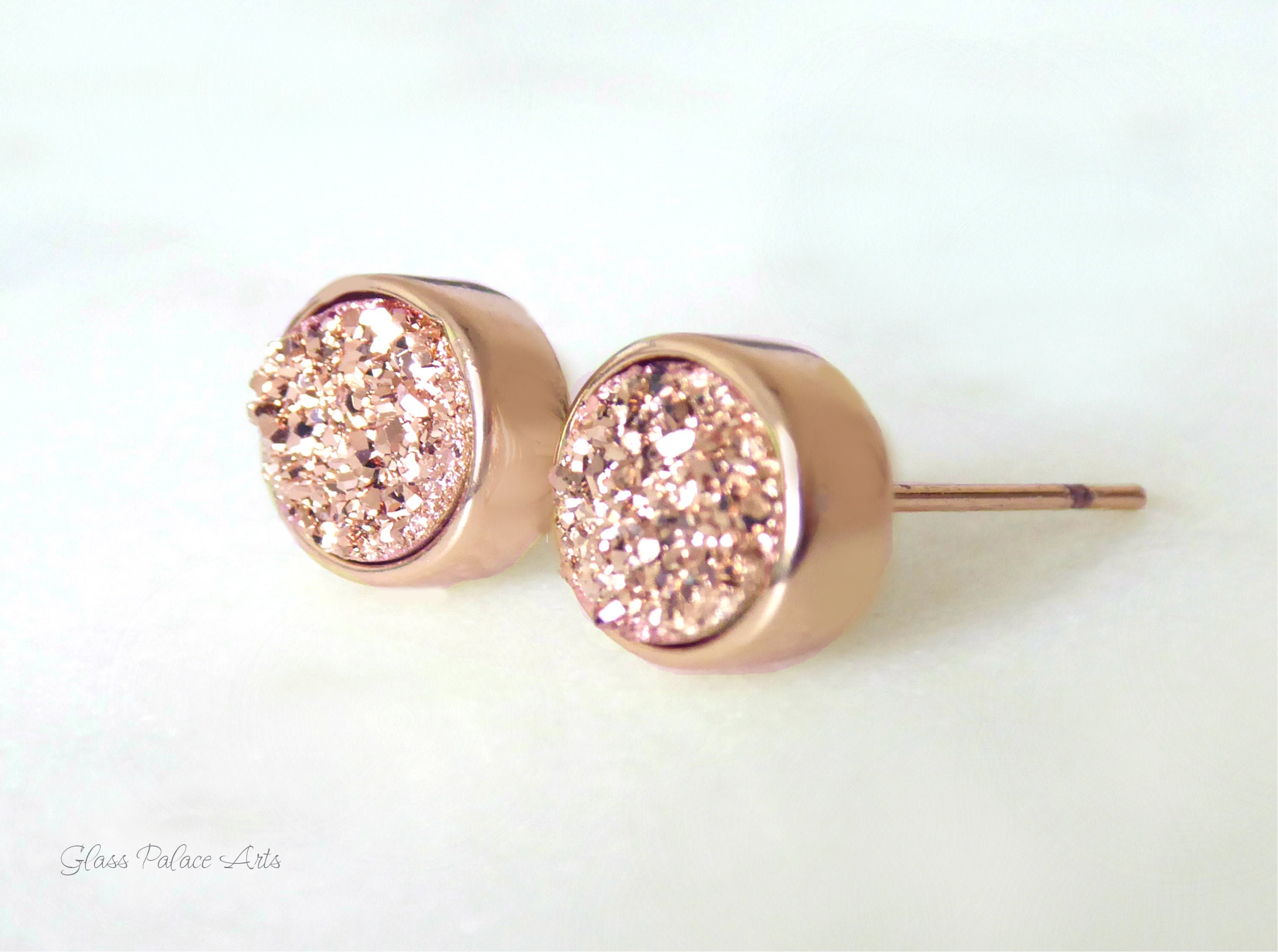 Rose Gold Stud Earrings Wedding 8mm Genuine Druzy Raw | Etsy