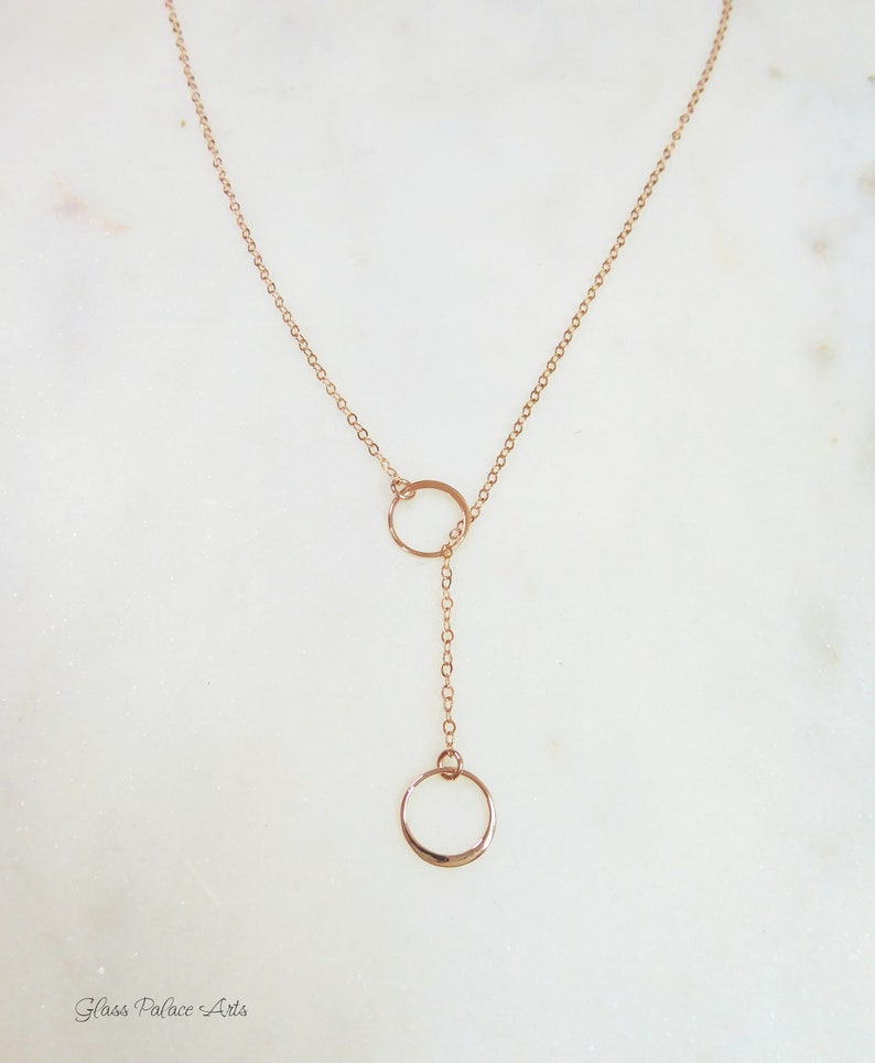 Infinity Lariat Necklace For Women, Double Circle Necklace Sterling Silver, Small Dainty Minimalist Circle Y Drop Jewelry Gift, Rose Gold image 5