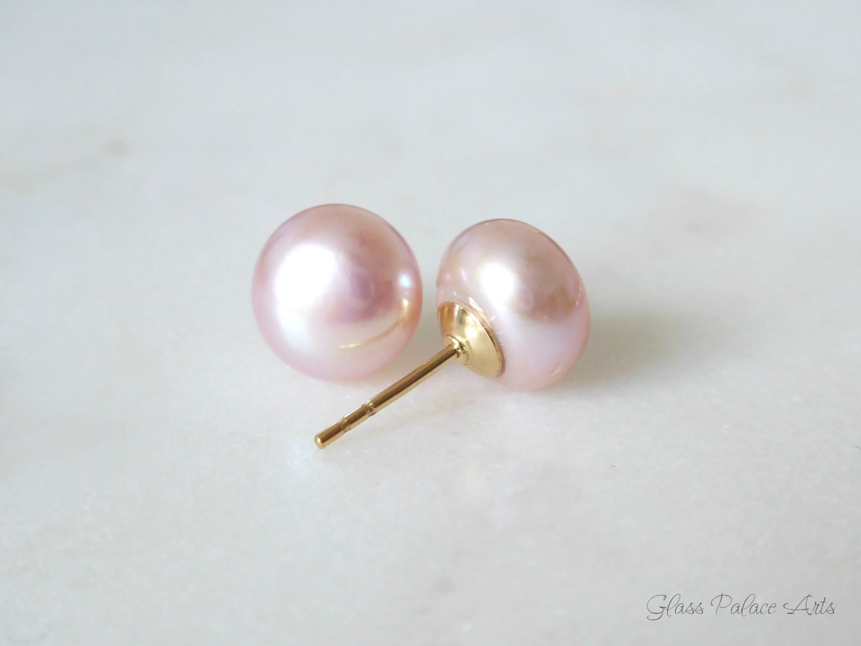 100% Genuine Freshwater PINK Pearl Earrings Studs 14k Gold Plated NEW 