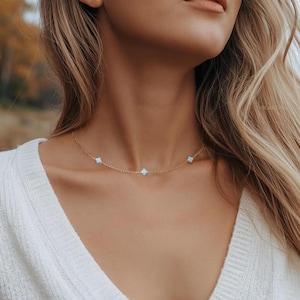 Small Blue Clover Choker Necklace: Handmade 14k Gold Dainty Adjustable Layering Necklace