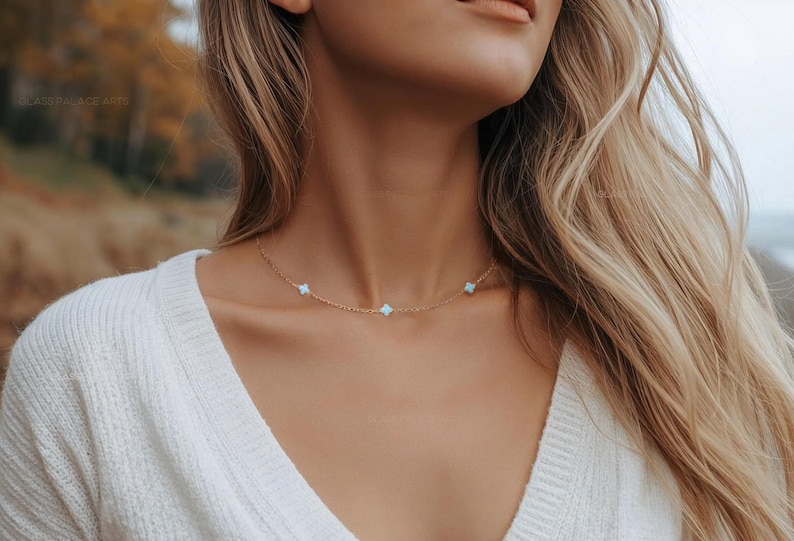 Small Blue Clover Choker Necklace: Handmade 14k Gold Dainty Adjustable Layering Necklace