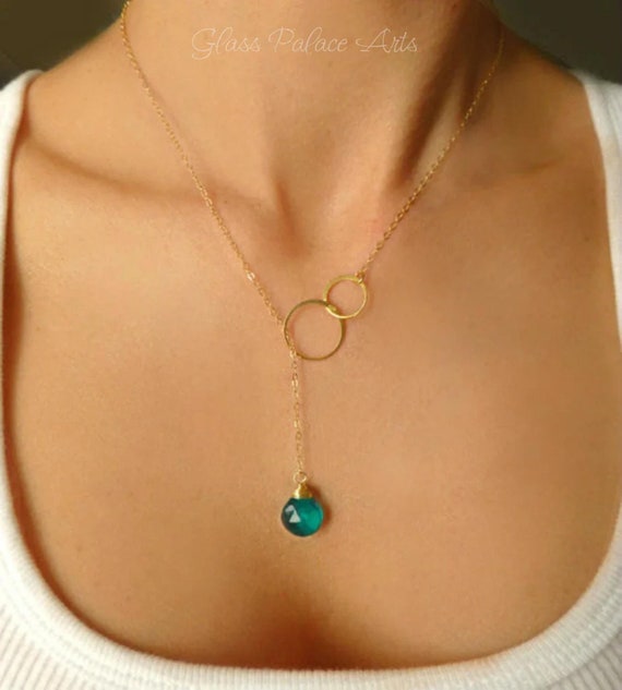Emerald Quartz Teardrop Lariat Necklace: May Birthstone Jewelry, 14K Gold Fill, Sterling Silver