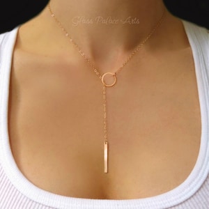 Gold Lariat Necklace For Women, Rose Gold Y Necklace 14k Gold Vertical Bar Necklace Claspless, Long Choker Drop, Bridesmaid Jewelry Gift Rose gold