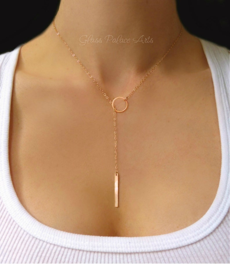 Gold Lariat Necklace For Women, Rose Gold Y Necklace 14k Gold Vertical Bar Necklace Claspless, Long Choker Drop, Bridesmaid Jewelry Gift Rose gold