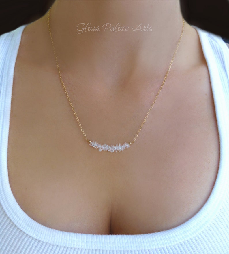 Raw Gemstone Necklace for Women, Beaded Gemstone Bar Birthstone Necklace Rose Gold, Sterling Silver, Opal, Amethyst, Rose Quartz, Tanzanite