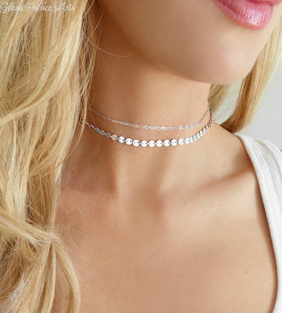 Sterling Silver Choker Necklace Set For Women Dainty Layered Necklace Modern Minimalist Double Chain Adjustable Choker Set Gift For Her Etsy