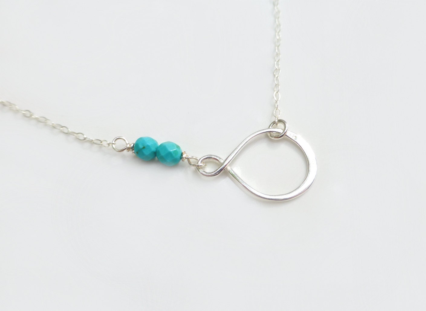 Silver Turquoise Necklace, Dainty Delicate Infinity Necklace, Small Beaded Real Turquoise Pendant Jewelry, Simple Eternity Gift For Women