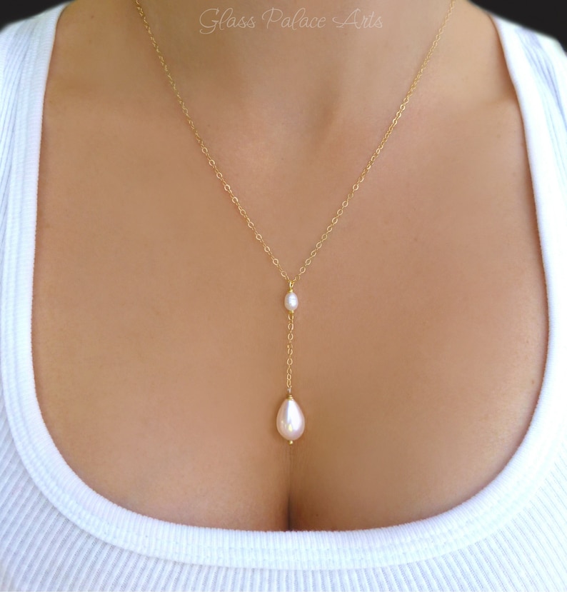 Freshwater Pearl Necklace For Women, Dainty Teardrop Pearl Y Necklace, Simple Bridal Lariat Silver, Bridesmaid Jewelry Gift For Her image 1