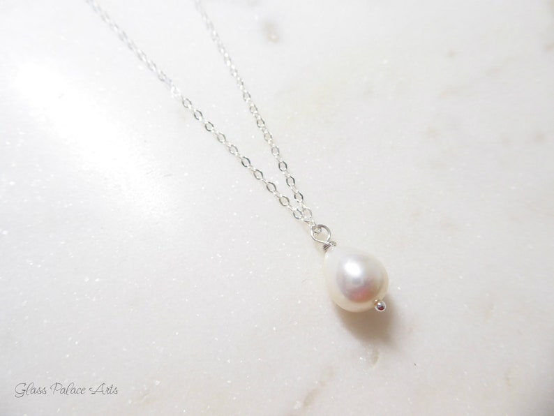 Pearl Teardrop Necklace Rose Gold, Single Pearl Necklace Pendant, Simple Freshwater Pearl Bridal Necklace, Bridesmaid Jewelry Gift Silver
