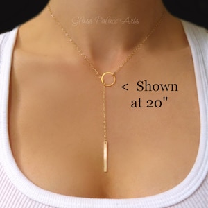 Gold Lariat Necklace For Women, Rose Gold Y Necklace 14k Gold Vertical Bar Necklace Claspless, Long Choker Drop, Bridesmaid Jewelry Gift image 2