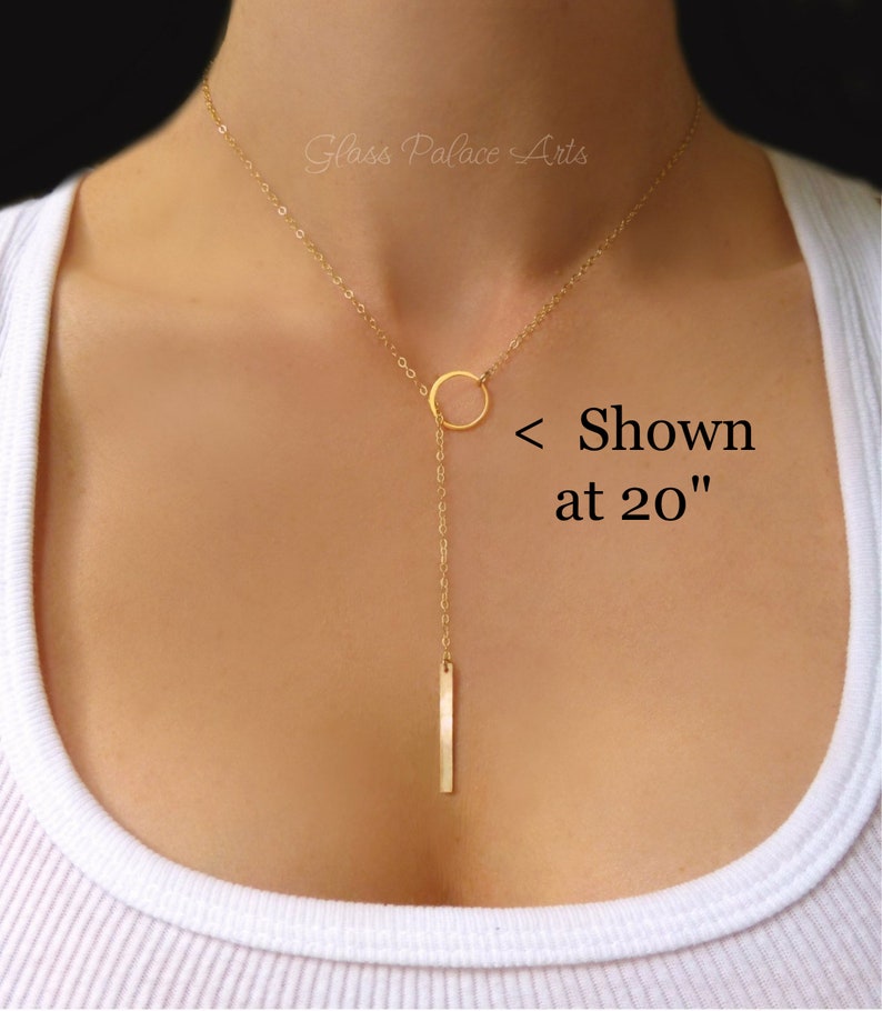 Gold Lariat Necklace For Women, Rose Gold Y Necklace 14k Gold Vertical Bar Necklace Claspless, Long Choker Drop, Bridesmaid Jewelry Gift image 2