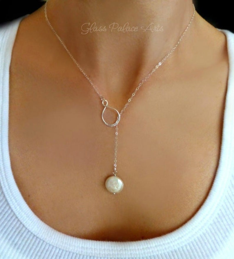 Long Pearl Lariat Y Necklace, Freshwater Pearl Necklace For Women, Coin Pearl Bridal Jewelry Claspless, Bridesmaid Gift For Her Sterling Silver