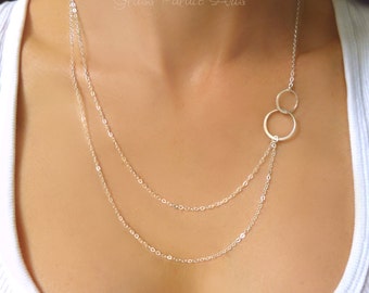 Layered and Long Necklace For Women, Asymmetric Double Layer Necklace Silver, Simple Multi Strand Layered Circle Jewelry Rose Gold