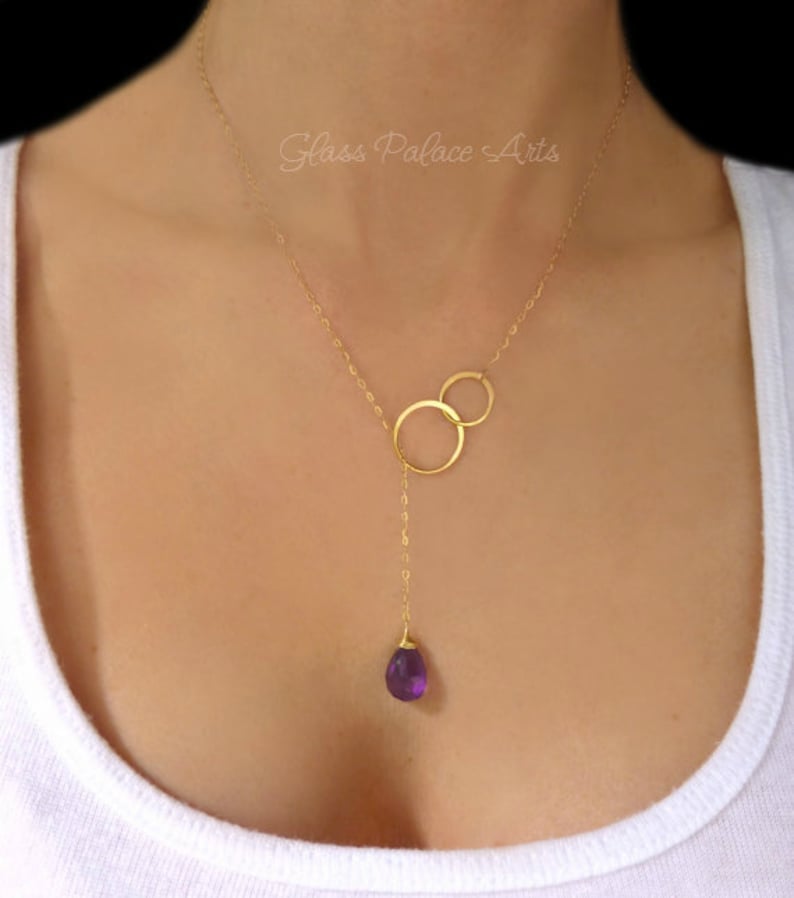 Genuine Amethyst Necklace Gold Teardrop Image 0 1 2 Gold