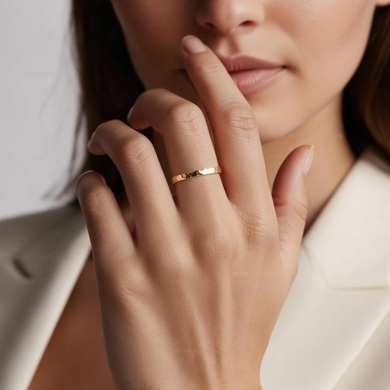 Simple Gold Ring For Women, Thick Plain Promise Ring For Women Gift, Affordable Wedding Band, 2mm 14k Gold Hammered Minimalist Heavy Band