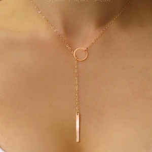 Gold Lariat Necklace For Women, Rose Gold Y Necklace 14k Gold Vertical Bar Necklace Claspless, Long Choker Drop, Bridesmaid Jewelry Gift image 8