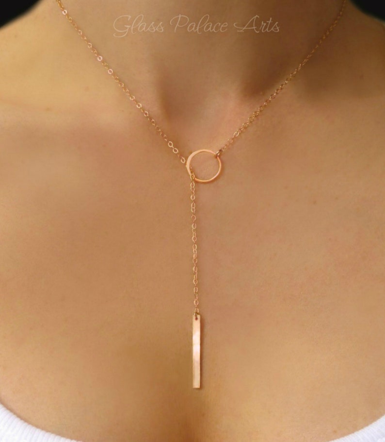 Gold Lariat Necklace For Women, Rose Gold Y Necklace 14k Gold Vertical Bar Necklace Claspless, Long Choker Drop, Bridesmaid Jewelry Gift image 8