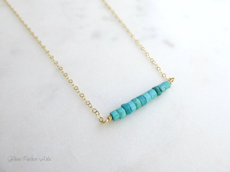 Dainty Turquoise Necklace Silver, Real Turquoise Bar Necklace Gold, Simple Beaded Jewelry For Women Sterling Silver, Boho Chic Minimalist