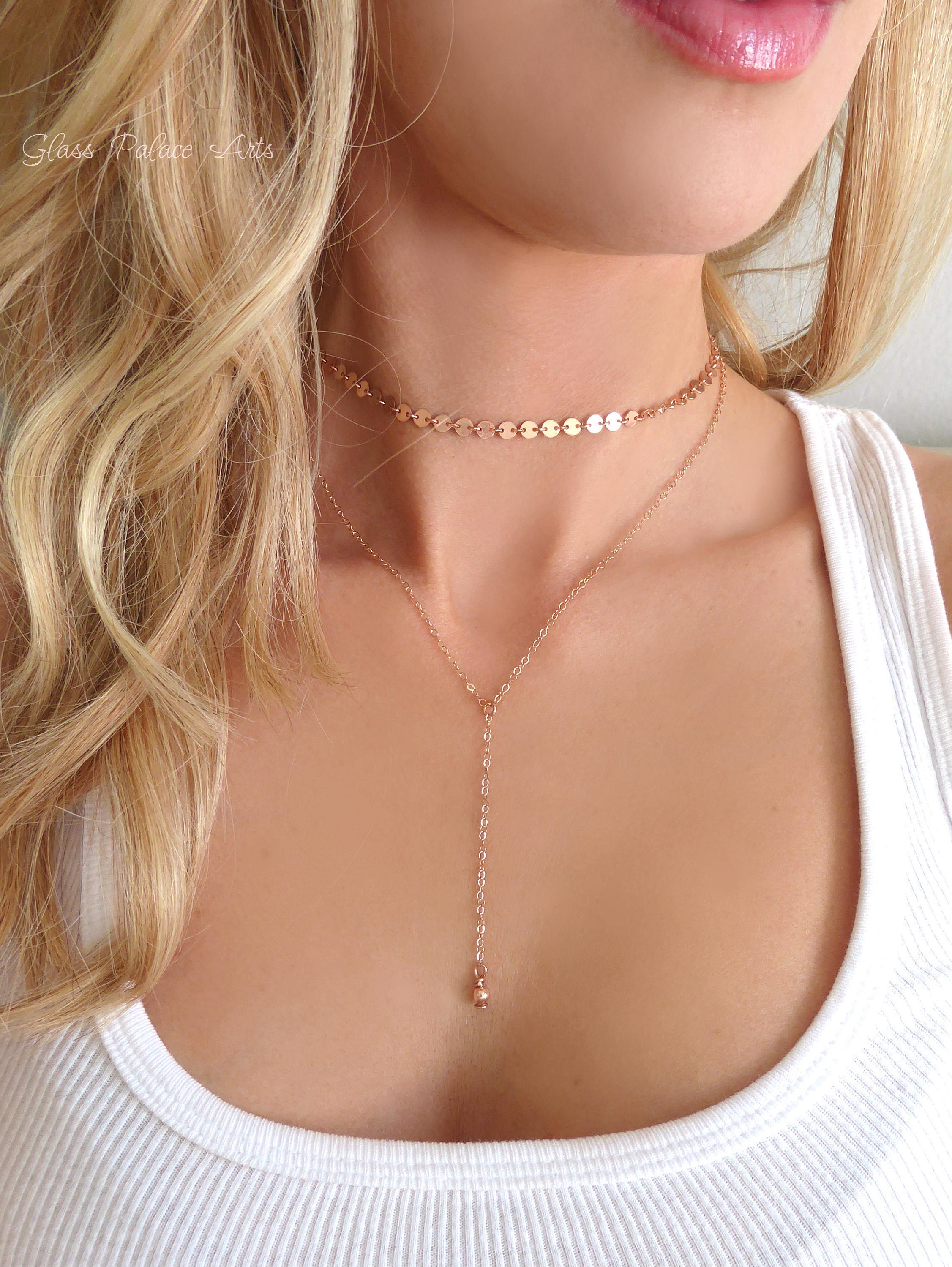 Rose Gold Choker Necklace, Rose Gold Lariat Y Necklace, Delicate Dainty Double Chain Choker Set, Gift for Girlfriend, Gift for Her, Silver