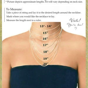 Peut inclure: Image montrant des longueurs de collier de 33 &agrave; 51 cm, affich&eacute;es sur une personne. Le texte donne des instructions sur la fa&ccedil;on de mesurer pour la longueur de collier parfaite. Le texte comprend "Mesurez pour obtenir la longueur parfaite pour vous."
