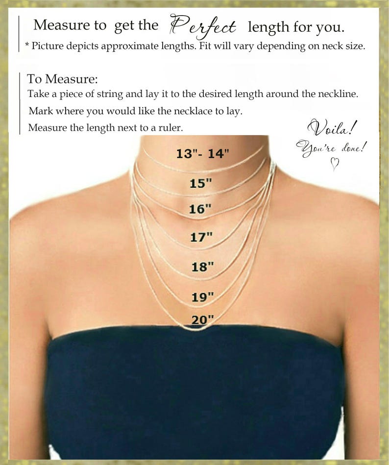 Peut inclure: Image montrant des longueurs de collier de 33 &agrave; 51 cm, affich&eacute;es sur une personne. Le texte donne des instructions sur la fa&ccedil;on de mesurer pour la longueur de collier parfaite. Le texte comprend "Mesurez pour obtenir la longueur parfaite pour vous."