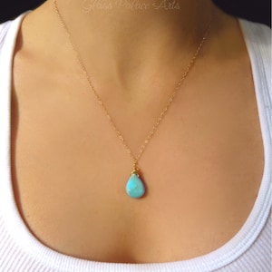 Collier turquoise pour femme, long collier turquoise en argent sterling, pendentif larme de pierres précieuses, cadeau pour elle, remplissage d'or 14 carats, or rose image 6