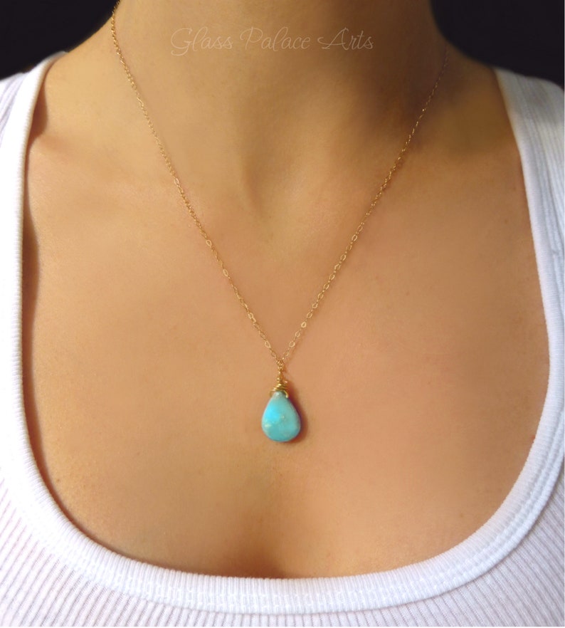 Collier turquoise pour femme, long collier turquoise en argent sterling, pendentif larme de pierres précieuses, cadeau pour elle, remplissage d'or 14 carats, or rose image 6