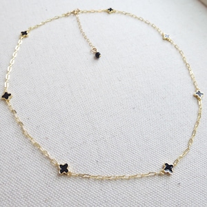 Small Black Clover Choker Necklace: Handmade 14k Gold Dainty Adjustable Layering Necklace