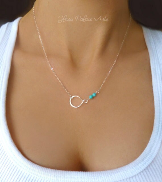 Silver Turquoise Necklace, Dainty Delicate Infinity Necklace, Small Beaded Real Turquoise Pendant Jewelry, Simple Eternity Gift For Women